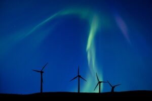 11681640 - wind farm and northern lights aurora borealis canada